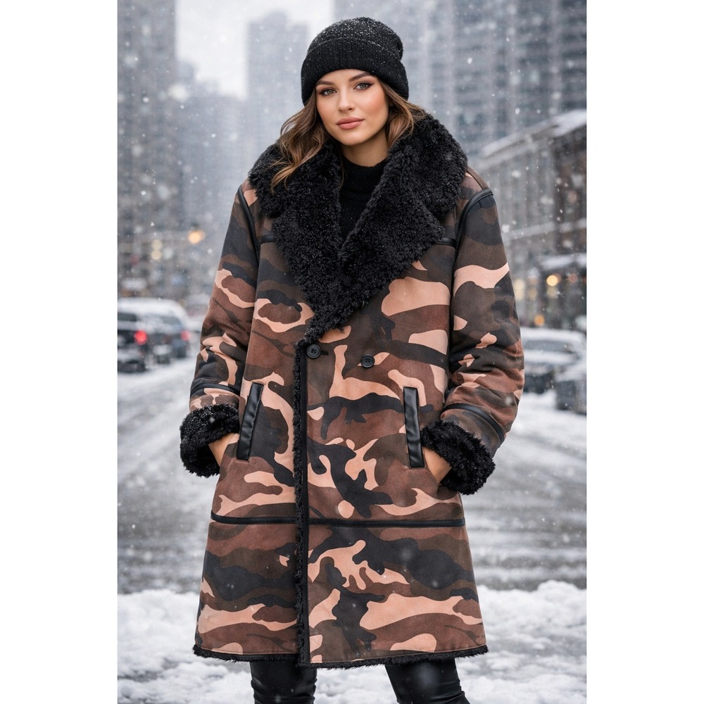 NVLT Anthropologie Camo Faux Fur Lined‎ Shearling Winter Coat Size S
